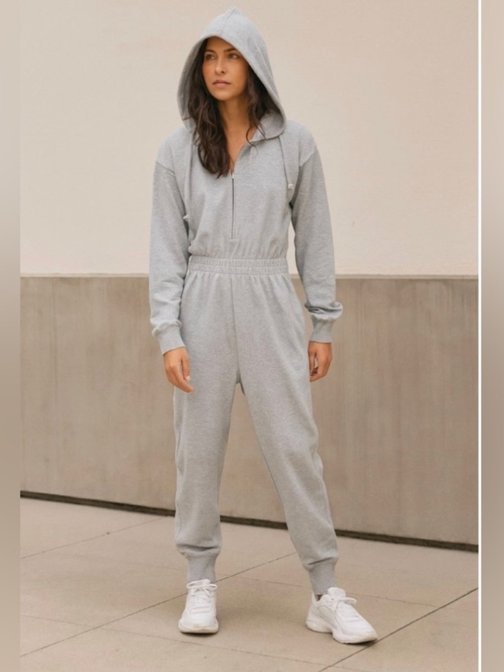 Free People Light Gray Heathered Hooded Zip-Front Jumpsuit